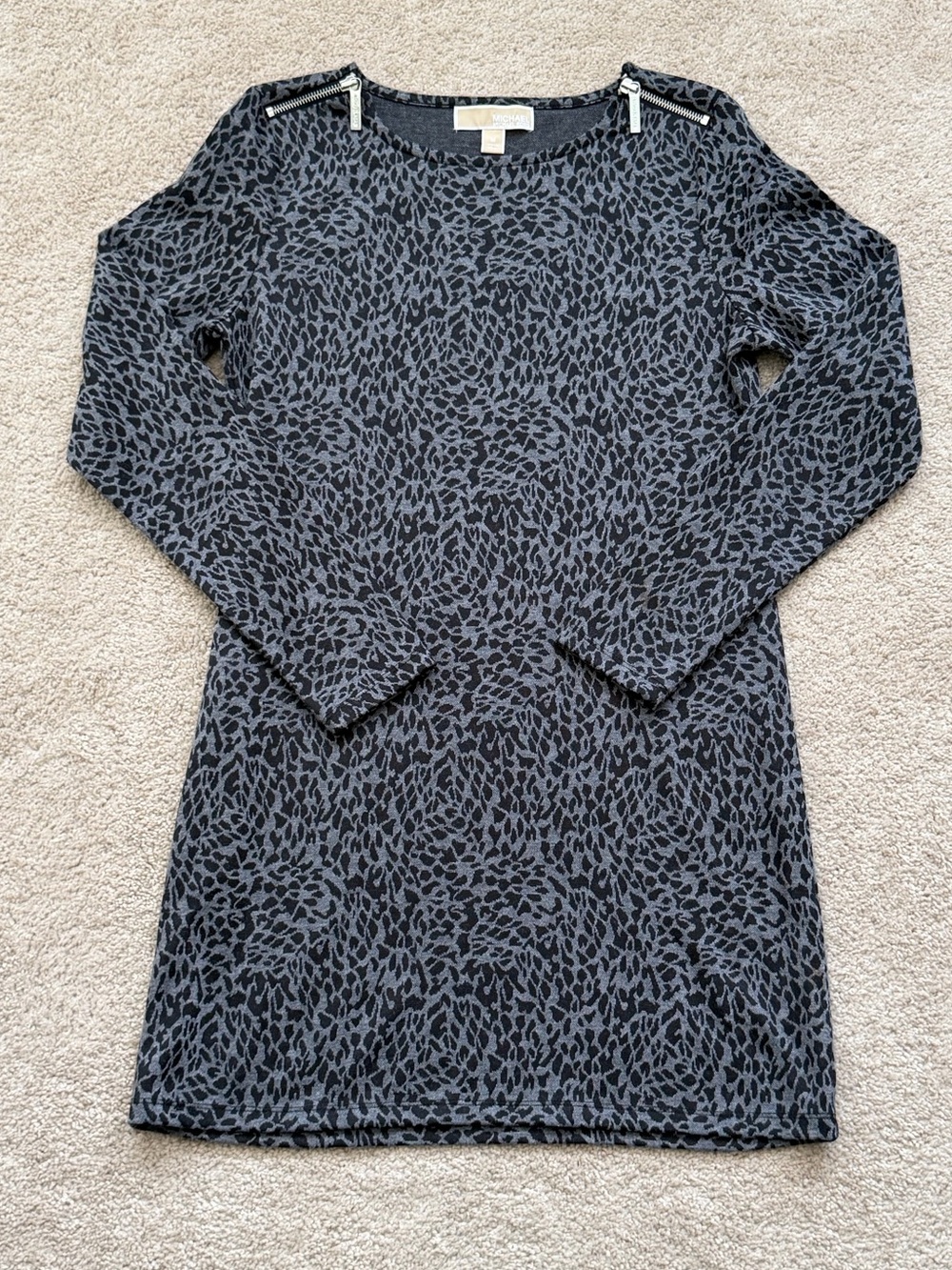Michael Kors gray black leopard-print long-sleeve mini dress silver zippers M